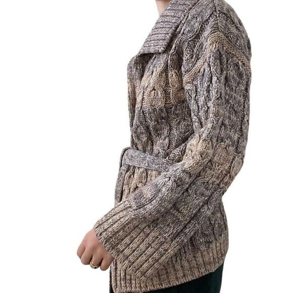 Vintage Womens Hand Knit Brown Wool Oversized Cable Fisherman Cardigan Sz L - Picture 7 of 9
